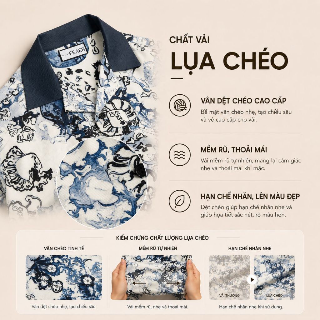 Sơ mi LORIEN họa tiết Porcelain Ink xanh navy nghệ thuật, chất vải Lụa Chéo mềm rũ cao cấp, phối cổ sang trọng - FEAER