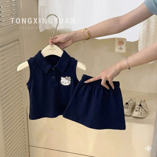 (Tc03) Tặng túi - Set chân váy chữ A mix áo polo hoạ tiết Kitty cho bé gái (10-30kg) chất poly cá sấu mềm