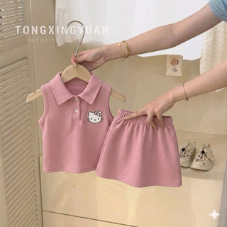 (Tc03) Tặng túi - Set chân váy chữ A mix áo polo hoạ tiết Kitty cho bé gái (10-30kg) chất poly cá sấu mềm