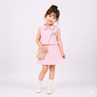 (Tc03) Tặng túi - Set chân váy chữ A mix áo polo hoạ tiết Kitty cho bé gái (10-30kg) chất poly cá sấu mềm