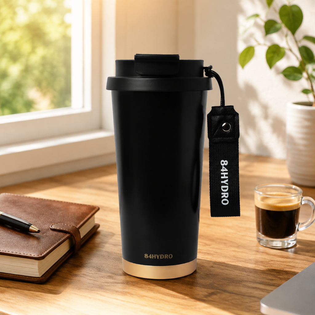 Ly giữ nhiệt tráng sứ cà phê chính hãng 84HYDRO, Đen, dung tích 500ml, kèm ống hút và khắc tên