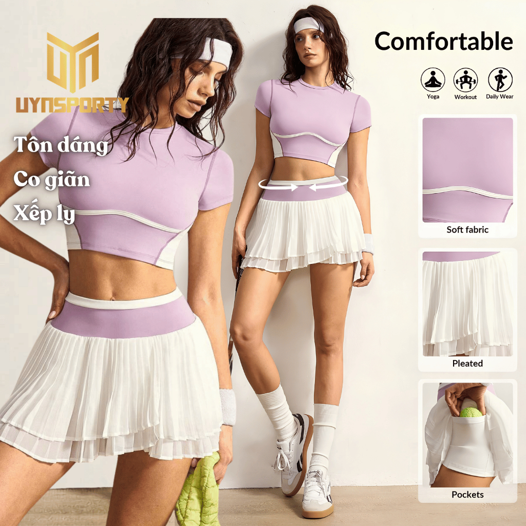 Đồ Tập Pickleball Nữ UYNSPORTY Áo Croptop Tay Ngắn Phối Màu, Chân Váy Mini, Bộ Đồ Pickleball Nữ