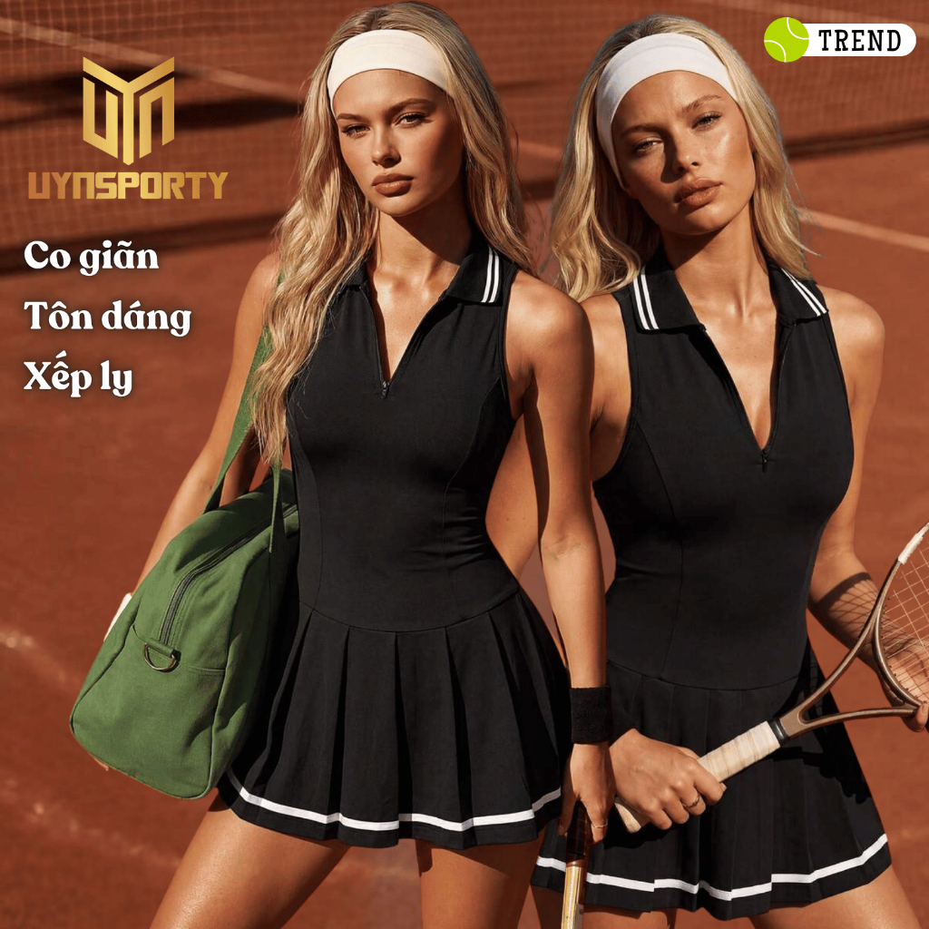 Váy Pickleball Nữ UYNSPORTY Cổ Bẻ, Sọc Kẻ, Xếp Ly, Khóa Kéo, Kèm Quần Bảo Hộ, Bộ Đồ Pickleball Nữ