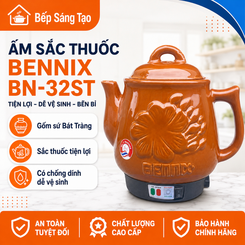 Siêu sắc thuốc bắc Bennix BN-32ST,ấm sắc thuốc Bát Tràng,dung tích 3,2 lít,bảo hành 12 tháng