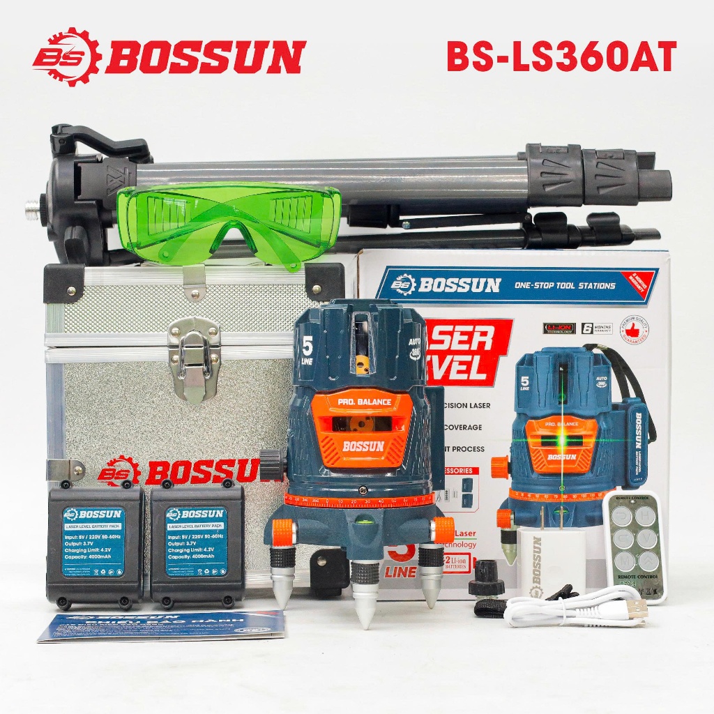 Máy Laser Cân Mực Bossun BS-LS360AT 5 Tia Xanh 360 Độ, Tự Cân Bằng, Độ Chính Xác Cao Cho Công Trình