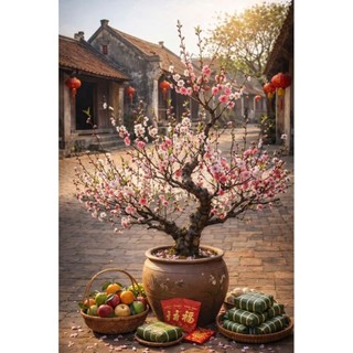 Tranh hoa mai hoa đào dán tường in trên chất liệu vải lụa (shop tặng kèm keo dán)
