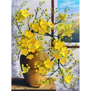 Tranh hoa mai hoa đào dán tường in trên chất liệu vải lụa (shop tặng kèm keo dán)