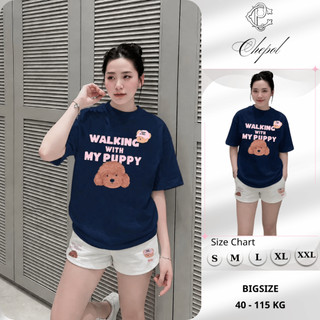 Bộ Áo Phông Nữ Chepol Form Rộng, In PUPPY, Cổ Tròn, Phối Quần Đùi, Chất Cotton(Áo Thun Xanh Than+Quần Đùi Trắng)CP_24192