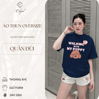 Bộ Áo Phông Nữ Chepol Form Rộng, In PUPPY, Cổ Tròn, Phối Quần Đùi, Chất Cotton(Áo Thun Xanh Than+Quần Đùi Trắng)CP_24192