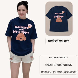 Bộ Áo Phông Nữ Chepol Form Rộng, In PUPPY, Cổ Tròn, Phối Quần Đùi, Chất Cotton(Áo Thun Xanh Than+Quần Đùi Trắng)CP_24192