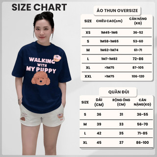 Bộ Áo Phông Nữ Chepol Form Rộng, In PUPPY, Cổ Tròn, Phối Quần Đùi, Chất Cotton(Áo Thun Xanh Than+Quần Đùi Trắng)CP_24192