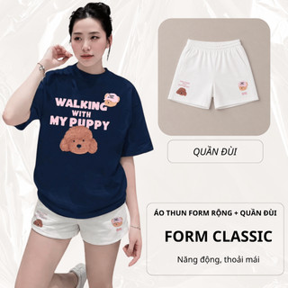 Bộ Áo Phông Nữ Chepol Form Rộng, In PUPPY, Cổ Tròn, Phối Quần Đùi, Chất Cotton(Áo Thun Xanh Than+Quần Đùi Trắng)CP_24192