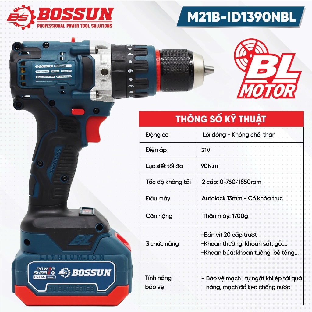 Khoan pin 3 chức năng BS BOSSUN M21B-ID1390NBL Không chổi than, đầu 13mm có autolock ruột đồng 100%