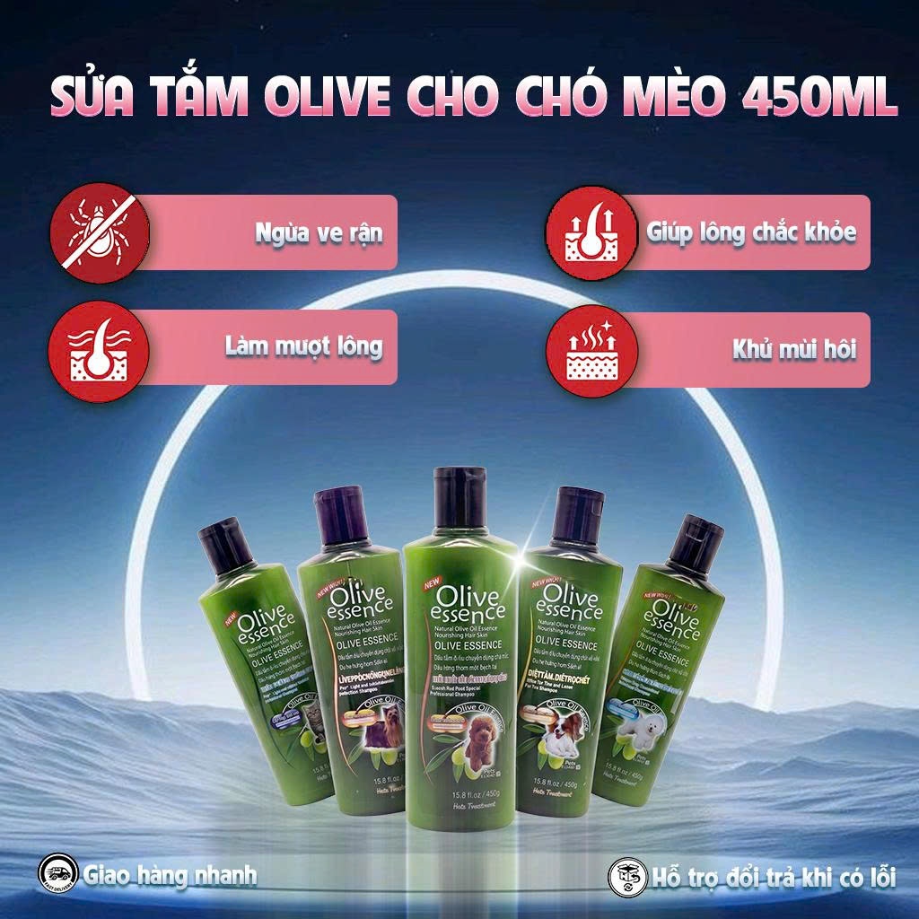 Sữa tắm Olive cho chó mèo 450ml , sữa tắm chó mèo ngừa ve rận thơm lâu chai 450ml