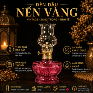 Đèn Dầu Thủy Tinh Cổ Phong Đế Đỏ Ruby Cao Cấp - Họa Tiết Trạm Khắc Tinh Xảo, Phong Cách Vintage Trang Trí Bàn Thờ, Trà Đ