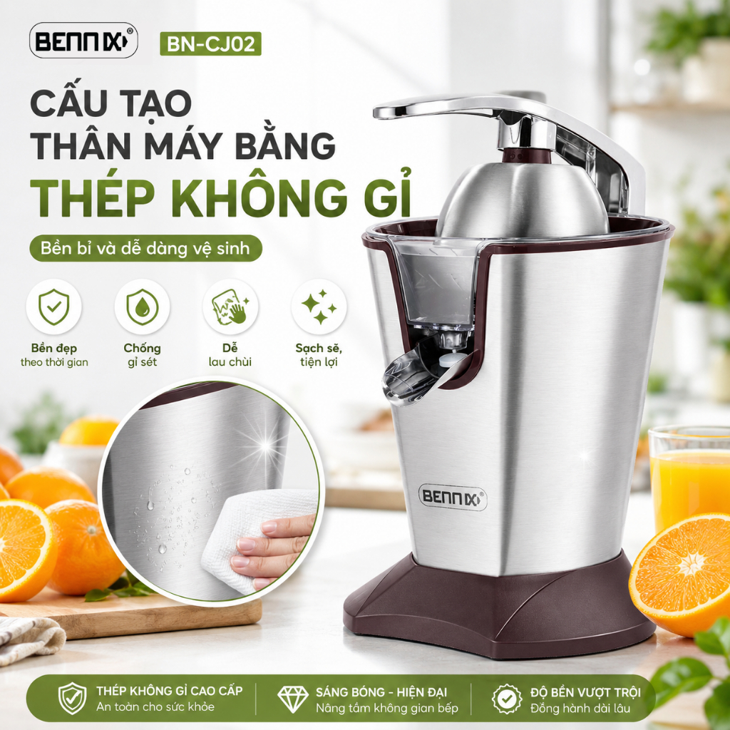 Máy vắt cam chính hãng Bennix BN -CJ02 thân thép không gỉ, siêu sang chảnh có tay cầm.