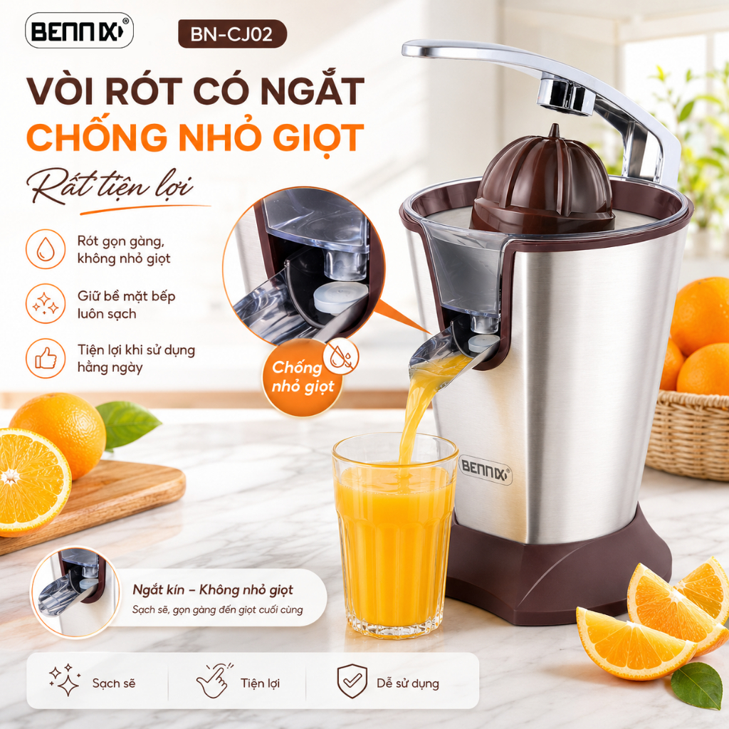 Máy vắt cam chính hãng Bennix BN -CJ02 thân thép không gỉ, siêu sang chảnh có tay cầm.