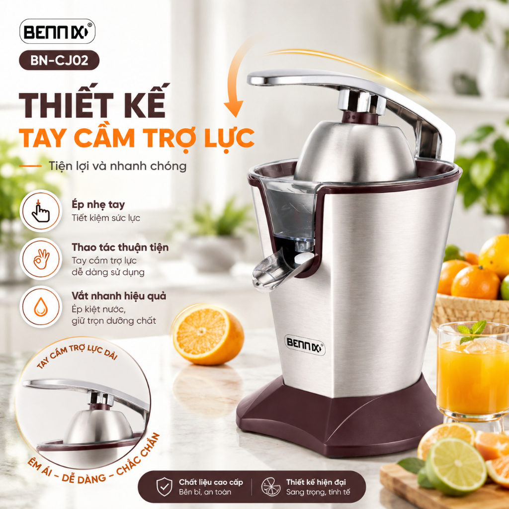 Máy vắt cam chính hãng Bennix BN -CJ02 thân thép không gỉ, siêu sang chảnh có tay cầm.