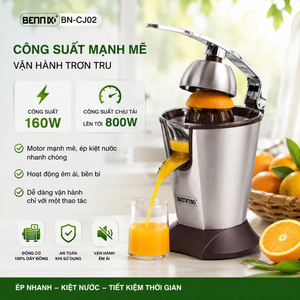 Máy vắt cam chính hãng Bennix BN -CJ02 thân thép không gỉ, siêu sang chảnh có tay cầm.