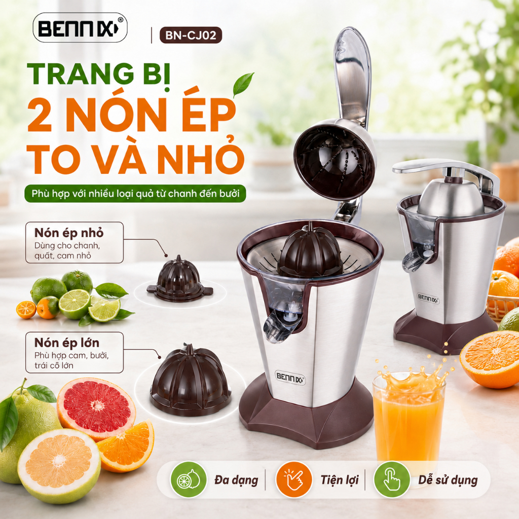 Máy vắt cam chính hãng Bennix BN -CJ02 thân thép không gỉ, siêu sang chảnh có tay cầm.