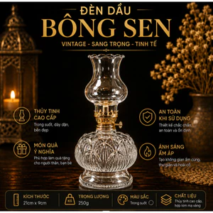 Đèn Dầu Thủy Tinh Bông Sen Trong Suốt Cổ Phong - Chạm Khắc 3D Tinh Tế, Phong Cách Vintage Trang Trí Bàn Thờ, Trà Đạo