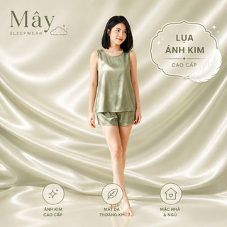 Bộ Đồ Ngủ Nữ Lụa Ánh Kim Cao Cấp Phối Ren Áo Sát Nách Quần Short Mặc Nhà Mềm Mịn Thoáng Mát