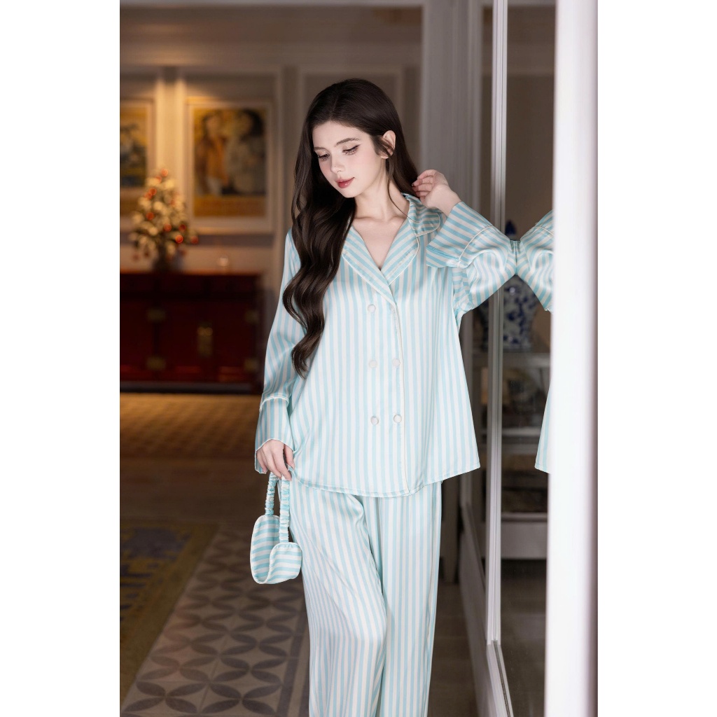 Pijama Tiểu Thư Form Vest Họa Tiết Sọc Hồng Tặng Bịt Mắt Vải Lụa Latin Cao Cấp - Đồ Bộ Lụa Mơ LM142