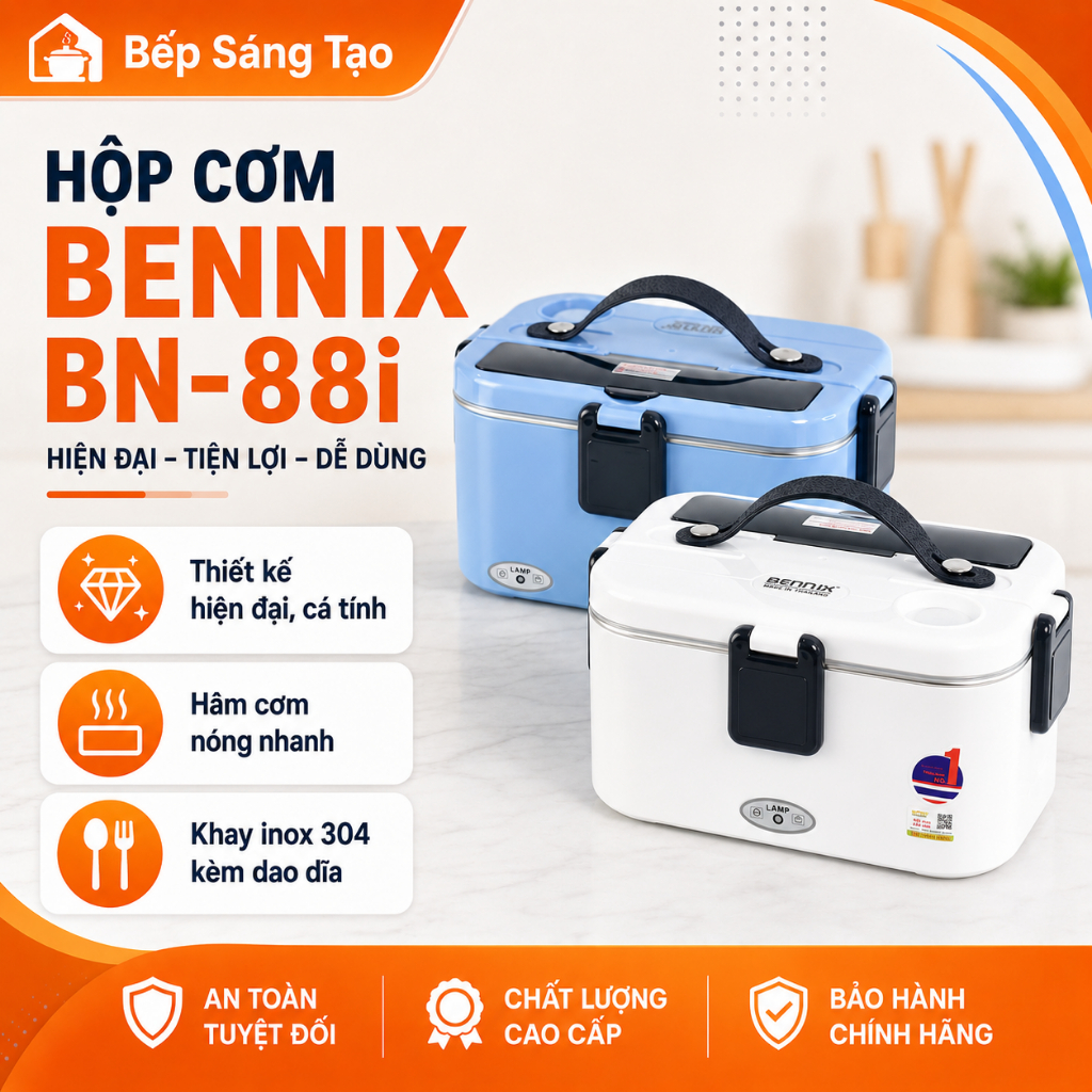 Hộp cơm cắm điện dành cho văn phòng, học sinh Bennix BN-88I, khay inox 304, công suất 80W