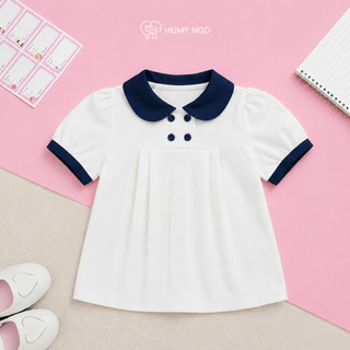 [HÀNG MỚI VỀ]Áo polo cộc tay trắng cổ sen chất cotton và chân váy xếp ly xanh than HUMY NGO đồng phục cho bé gái 18-45kg