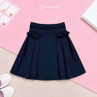 [HÀNG MỚI VỀ]Áo polo cộc tay trắng cổ sen chất cotton và chân váy xếp ly xanh than HUMY NGO đồng phục cho bé gái 18-45kg