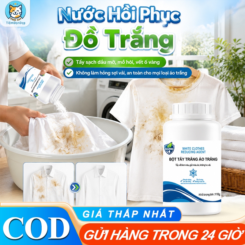 Bột Tẩy Trắng Enzyme Sinh Học - Tẩy Vết Bẩn, Ố Vàng, Mốc Lâu Ngày - Không Phai Màu, An Toàn Cho Vải Màu - 110g-Cubi