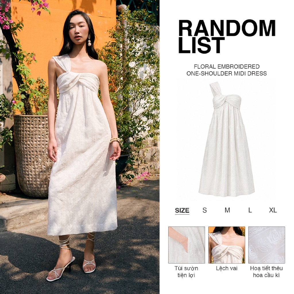 RANDOMLIST - Đầm thiết kế lệch vai midi thêu hoa dáng suông thanh lịach - Floral Embroidered One Shoulder Dress