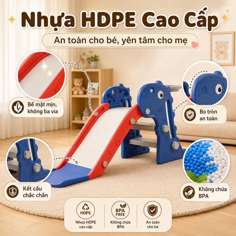 Cầu Trượt Cho Bé Gấp Gọn Trong Nhà - Đồ Chơi Vận Động Nhựa HDPE Cao Cấp Chống Trượt An Toàn Cho Bé Trai Bé Gái