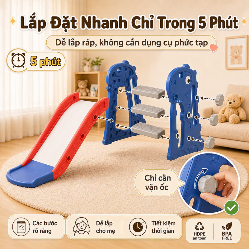Cầu Trượt Cho Bé Gấp Gọn Trong Nhà - Đồ Chơi Vận Động Nhựa HDPE Cao Cấp Chống Trượt An Toàn Cho Bé Trai Bé Gái