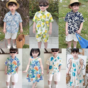 Set Đồ Đôi Bé Trai Bé Gái Đi Biển Chất Đũi Thoáng Mát, Váy + Dây Buộc Tóc Cho Bé Gái, Bộ bé trai Size 1-10y (8-40kg) MM