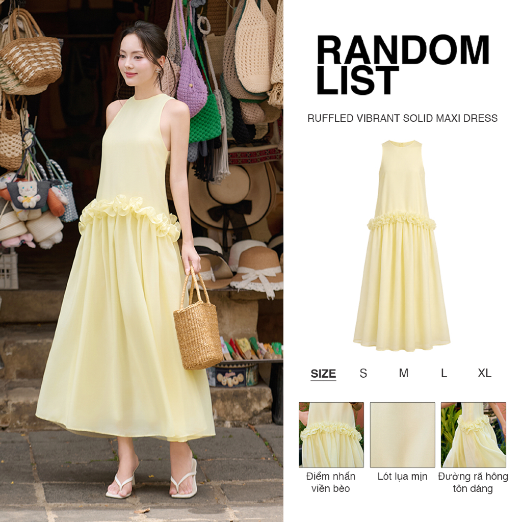 RANDOMLIST - Đầm maxi sát nách cổ yếm viền bèo hoa dáng suông thanh lịch - Ruffled Vibrant Solid Maxi Dress
