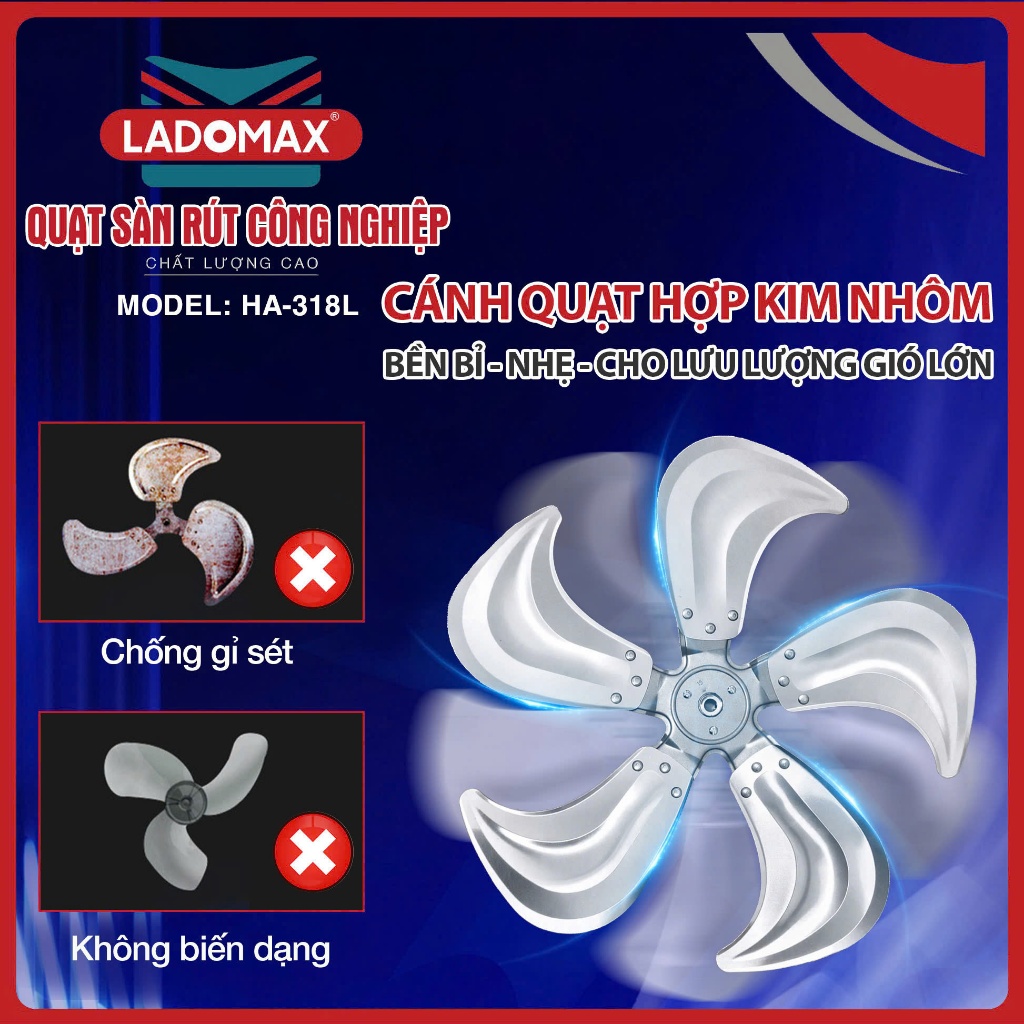 Quạt Sàn Rút Công Nghiệp LADOMAX 135W ANNAZONE  Motor 100% Lõi Đồng, 5 Tốc Độ Gió, Bảo Hành 24 Tháng Chính Hãng AnnaZone