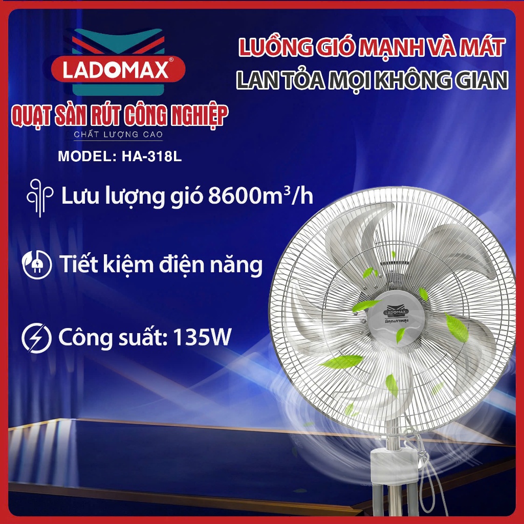 Quạt Sàn Rút Công Nghiệp LADOMAX 135W ANNAZONE  Motor 100% Lõi Đồng, 5 Tốc Độ Gió, Bảo Hành 24 Tháng Chính Hãng AnnaZone