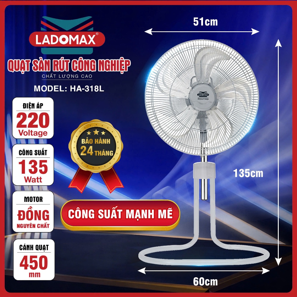 Quạt Sàn Rút Công Nghiệp LADOMAX 135W ANNAZONE  Motor 100% Lõi Đồng, 5 Tốc Độ Gió, Bảo Hành 24 Tháng Chính Hãng AnnaZone