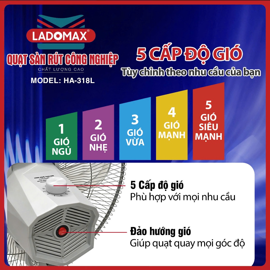 Quạt Sàn Rút Công Nghiệp LADOMAX 135W ANNAZONE  Motor 100% Lõi Đồng, 5 Tốc Độ Gió, Bảo Hành 24 Tháng Chính Hãng AnnaZone