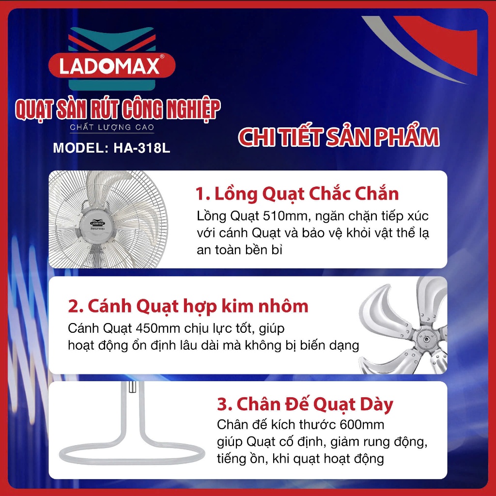 Quạt Sàn Rút Công Nghiệp LADOMAX 135W ANNAZONE  Motor 100% Lõi Đồng, 5 Tốc Độ Gió, Bảo Hành 24 Tháng Chính Hãng AnnaZone