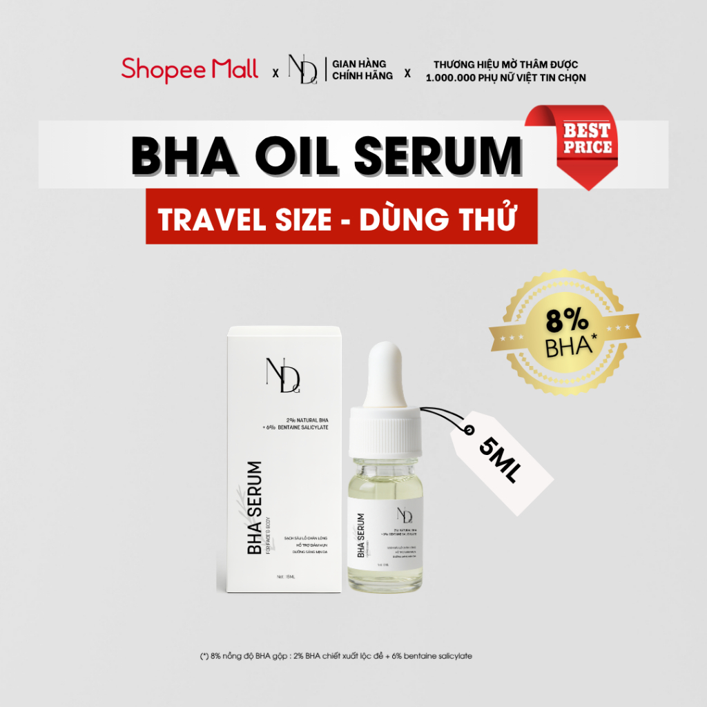 BHA Serum 8% ND 5ml hỗ trợ giảm viêm nang lông, mụn lưng, mụn mông và thâm cho mặt và cơ thể,...