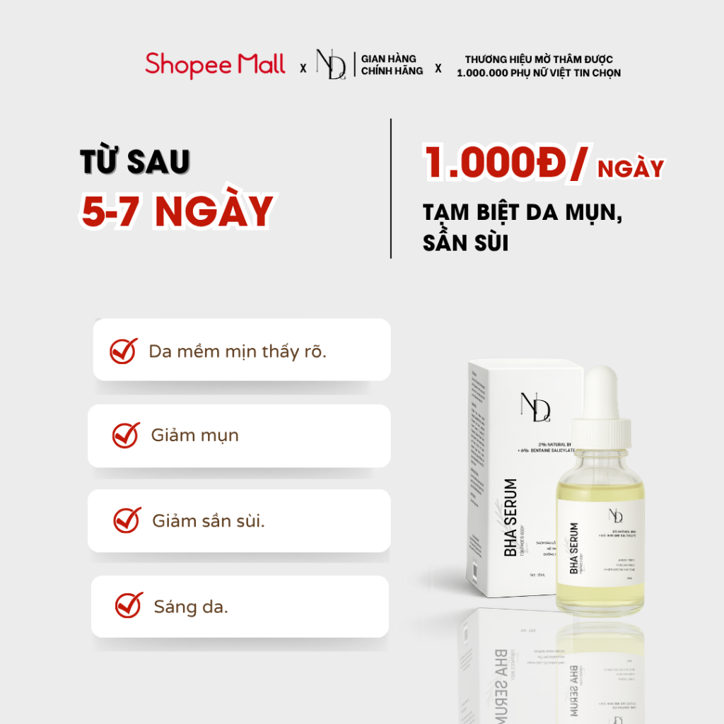 BHA Serum 8% ND 5ml hỗ trợ giảm viêm nang lông, mụn lưng, mụn mông và thâm cho mặt và cơ thể,...