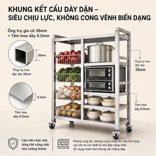 Kệ Để Đồ Nhà Bếp inox Bền bỉ lâu năm Kệ để lò vi sóng đa năng có bánh xe Chịu lực lên đến 300kg