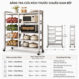 Kệ Để Đồ Nhà Bếp inox Bền bỉ lâu năm Kệ để lò vi sóng đa năng có bánh xe Chịu lực lên đến 300kg