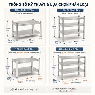 Kệ Lò Vi Sóng inox 304 Có kèm hộp đũa & kệ thớt Kệ để đồ nhà bếp Bền bỉ lâu năm