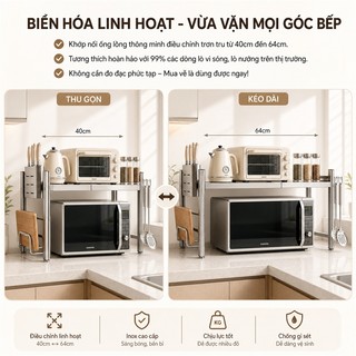 Kệ Lò Vi Sóng inox 304 Có kèm hộp đũa & kệ thớt Kệ để đồ nhà bếp Bền bỉ lâu năm