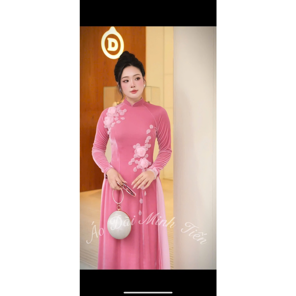 Áo Dài Chất Liệu Nhung The Cao Cấp - Hàng May Và Đính Kết Thủ Công Tỉ Mỉ Từng Áo - Mã D25 Màu Hồng Đỗ