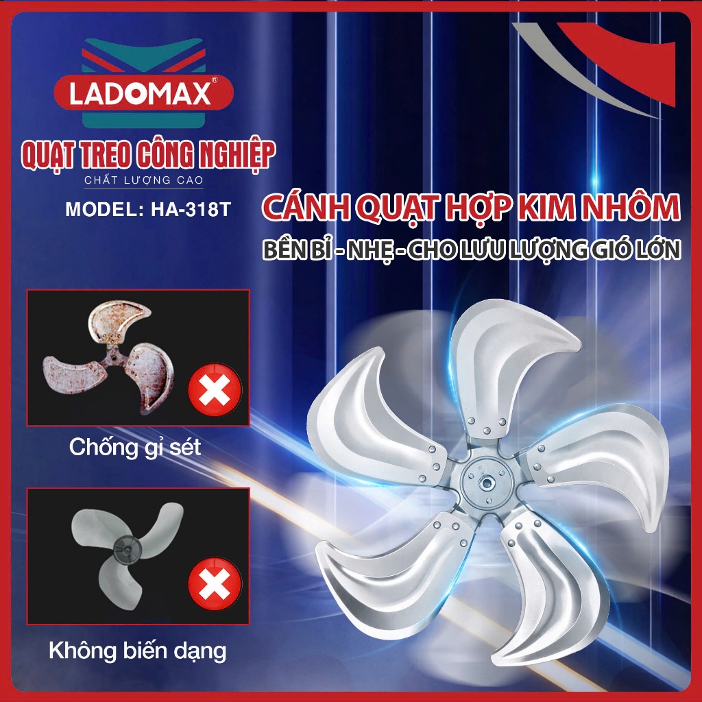 Quạt Treo Công Nghiệp LADOMAX 135W ANNAZONE - Motor 100% Lõi Đồng, Gió Cực Mạnh, Tiết Kiệm Không Gian - Bảo Hành 24 Thán