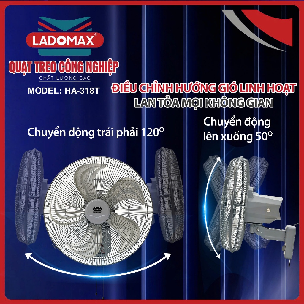 Quạt Treo Công Nghiệp LADOMAX 135W ANNAZONE - Motor 100% Lõi Đồng, Gió Cực Mạnh, Tiết Kiệm Không Gian - Bảo Hành 24 Thán